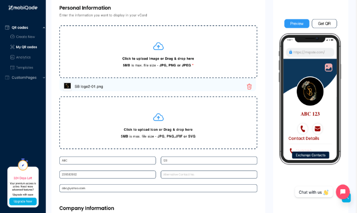 Adding personal details and logo to a mobiQode digital business card