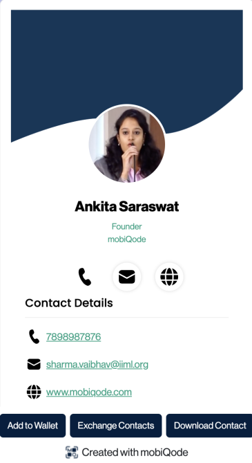 Example of download contact , exchange contact and add to wallet option in digital business card of mobiQode