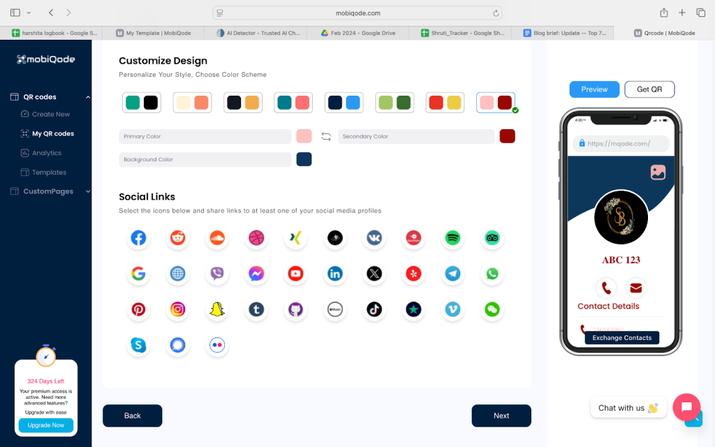 Customizing brand colors and CTA buttons in mobiQode digital business card editor
