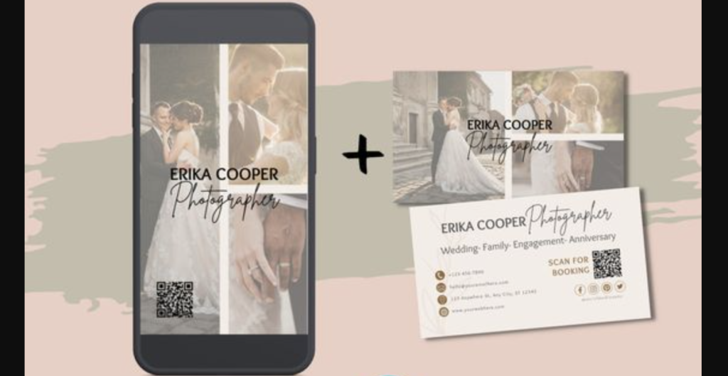 Photographer digital business card example showing portfolio link and contact information