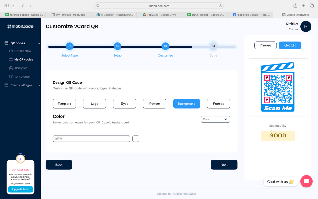 Customizing dynamic QR code design in mobiQode with color and logo options