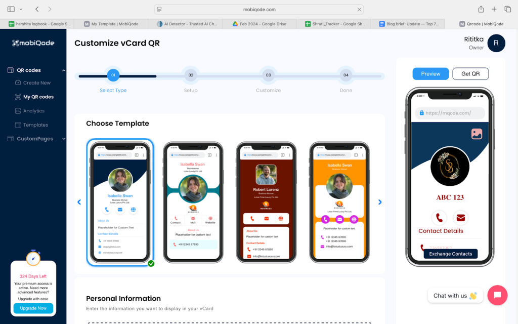 mobiQode template selection screen for creating digital business cards