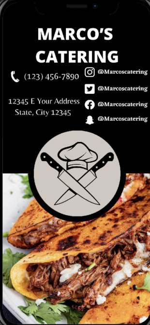 Catering company digital business card example with menu QR code and brand logo