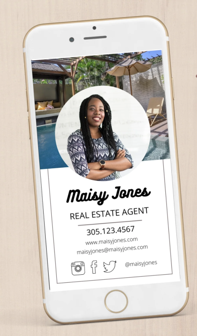 Realtor digital business card example with property website link and contact details