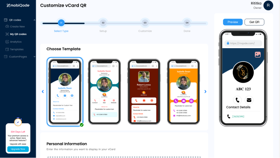Customisation of digital business card in mobiQode