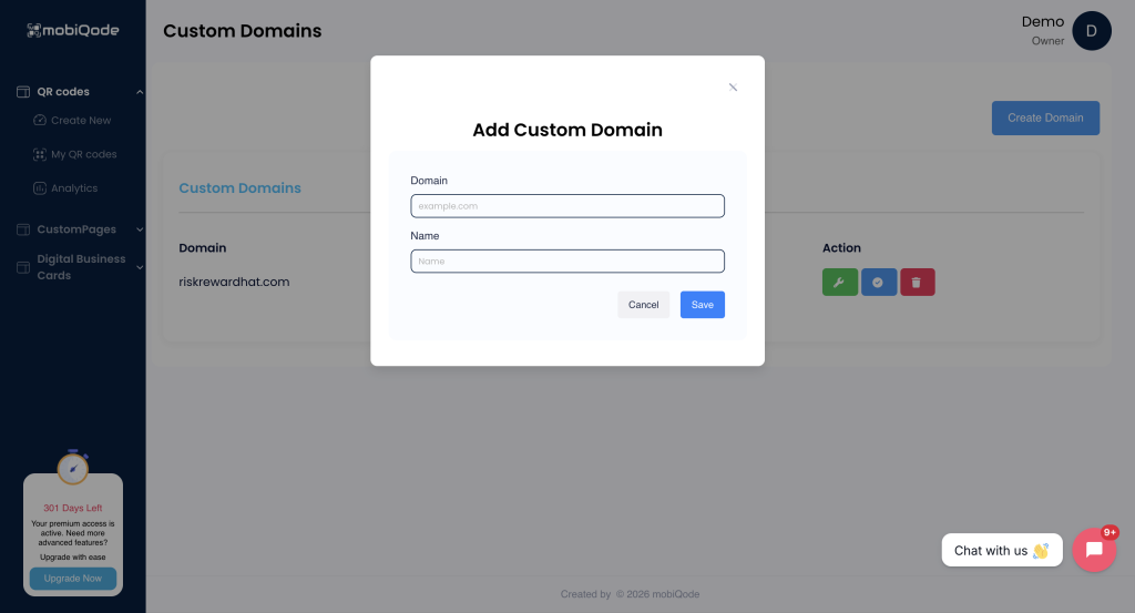 Add Custom Domain dialog in mobiQode showing domain and name input fields