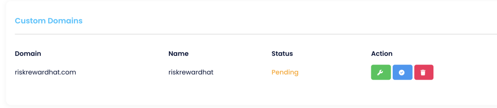 Custom Domains list in mobiQode with Pending verification status